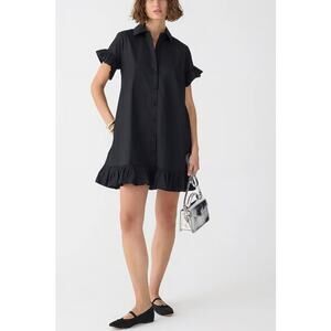 J. Crew Short Sleeve Shirt Dress Womens XS Black Ruffle Pockets Cotton Preppy